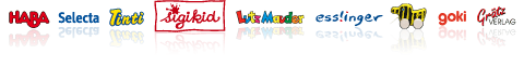 Marken-Logos mit Haba Selecta Tinti Sigikid Lutz Mauder Esslinger Janosch Tigerente Goki Grätz verlag Reihe aus Herstellerlogos mit Spiegelung